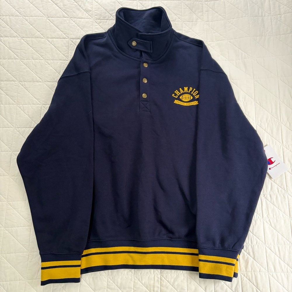 NWT Champion Physical Education Navy Snap Mock Neck Sweatshirt - Men’s Large